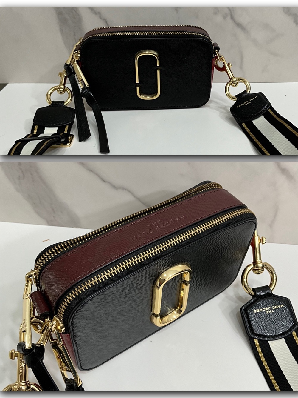 MARC JACOBS Snapshot Black Burgundy Leather Camera Crossbody Bag Gold Hardware